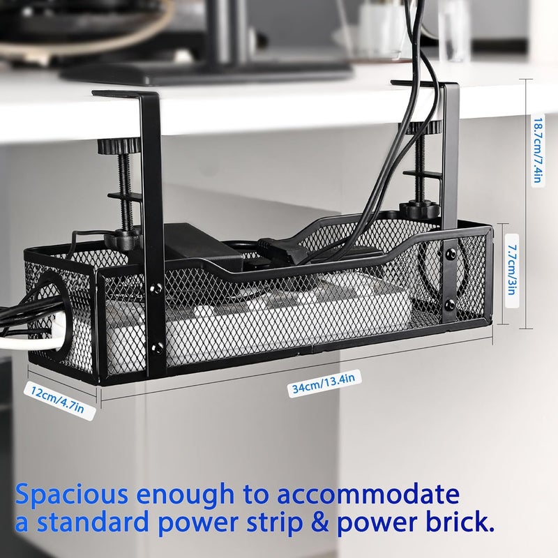 QUELIEN Under Desk Cable Management Tray Small – Clamp-Mounted Wire Organizer & Cord Management Under Desk Holder, No-Drill Metal Cable Tray for Home Office (Black) - Image 4